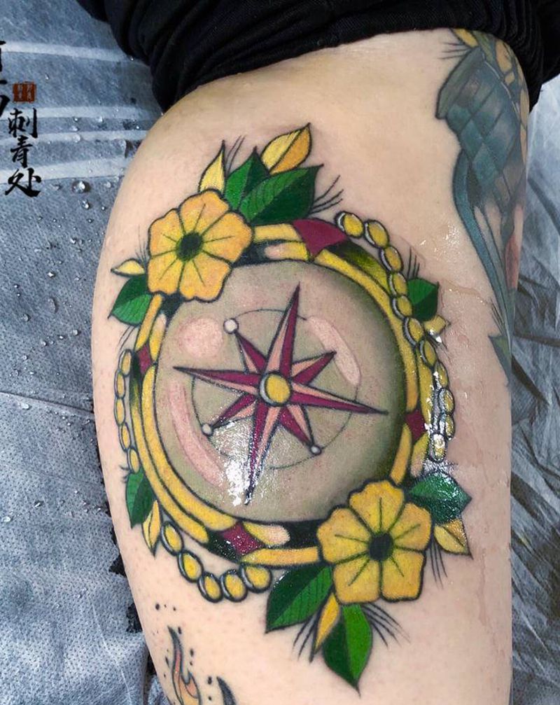 指南针纹身图片_腿部New School纹身图案