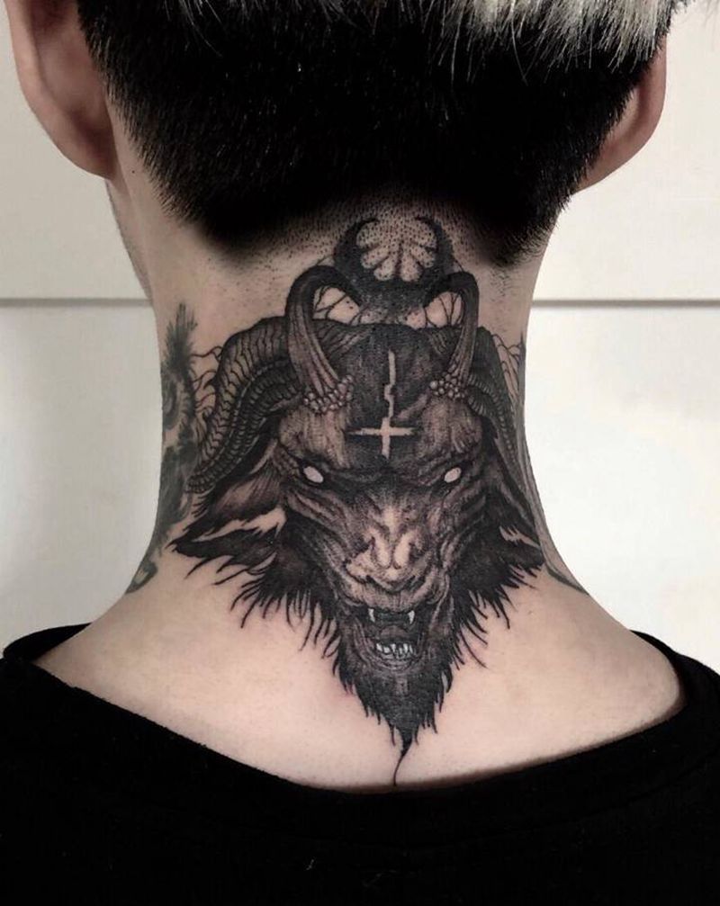 撒旦纹身纹身图片_颈部点刺纹身图案