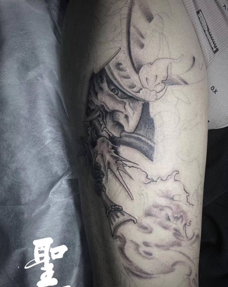 鬼武士纹身图片_腿部新传统纹身图案