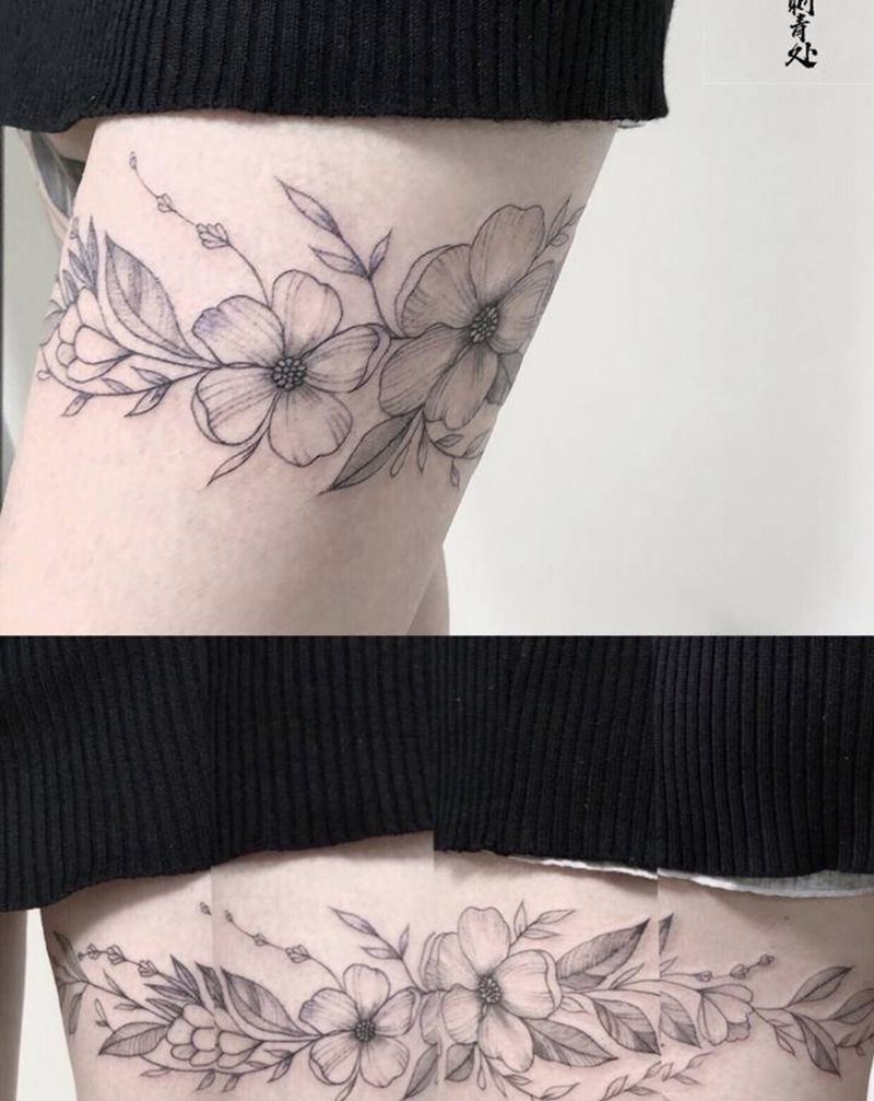 素花腿环纹身图片_腿部点刺纹身图案