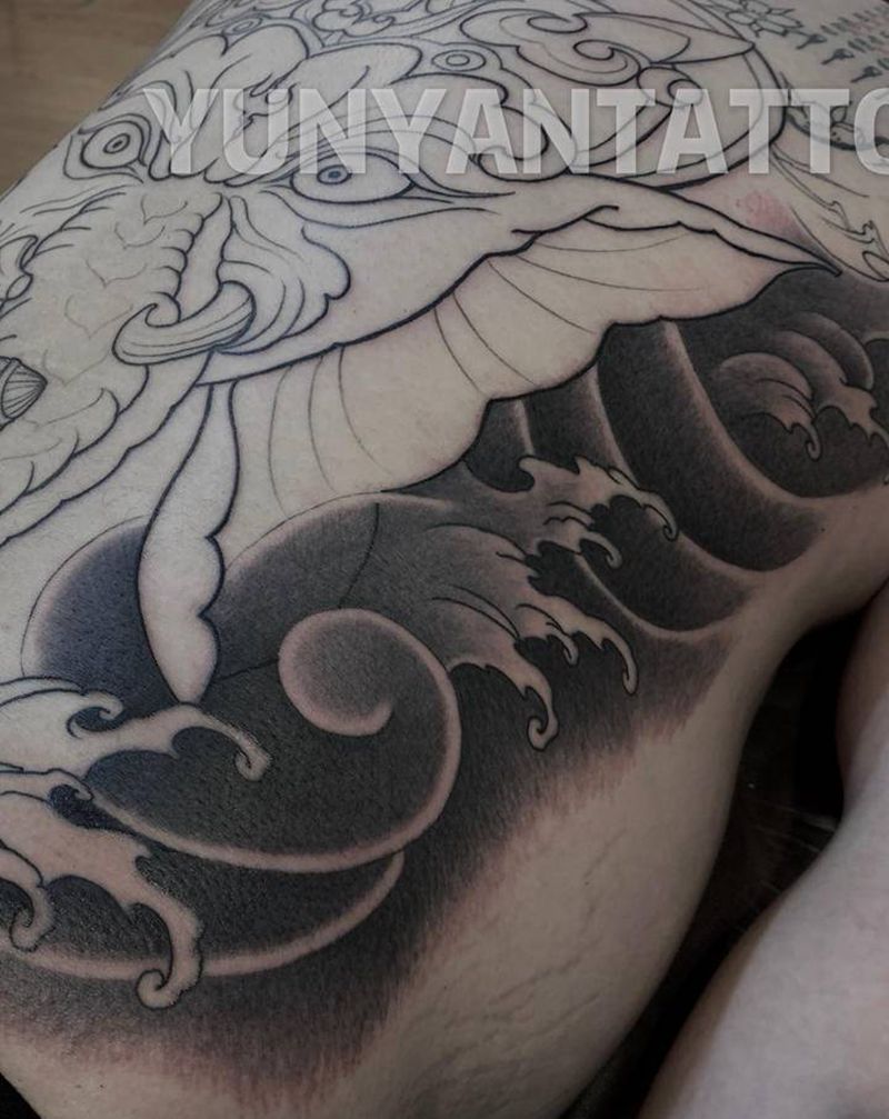 象神纹身图片_背部新传统 象神浪花纹身图案