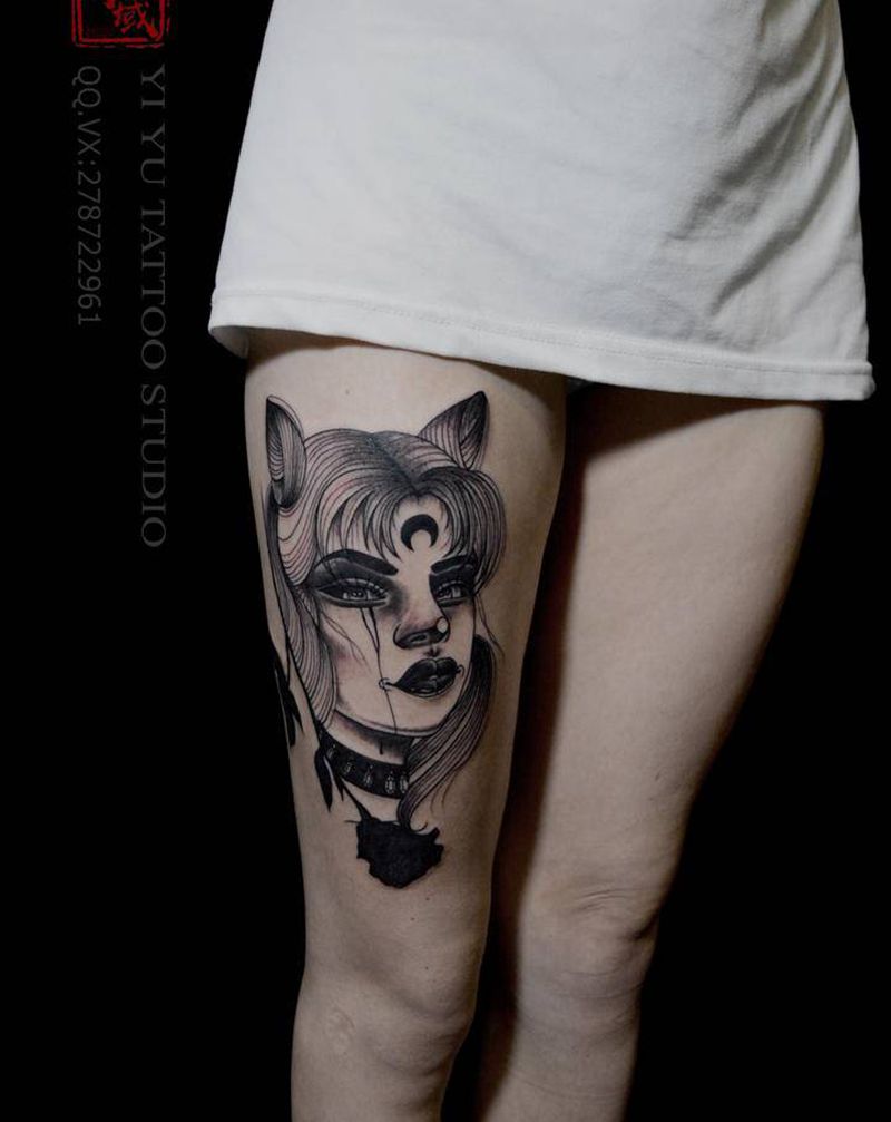 美少女黑玫瑰纹身图片_腿部New School纹身图案