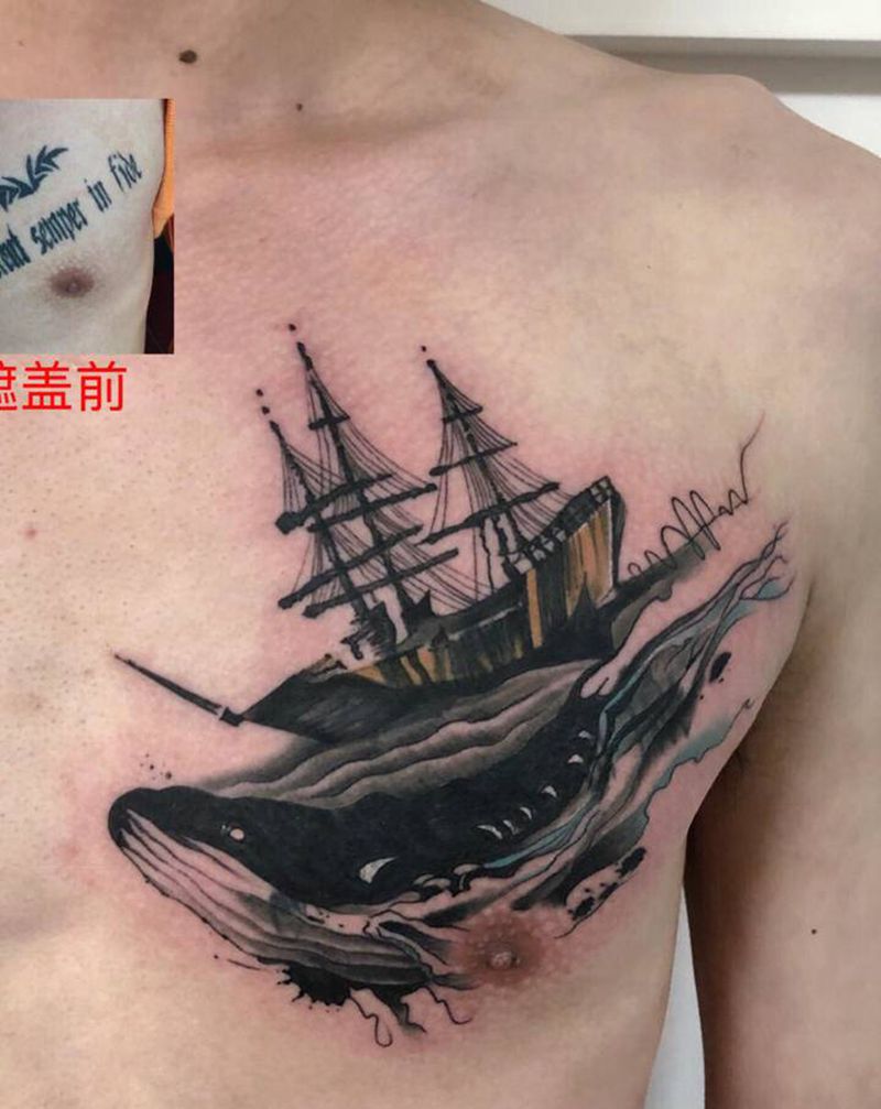遮盖纹身图片_胸部水墨纹身图案