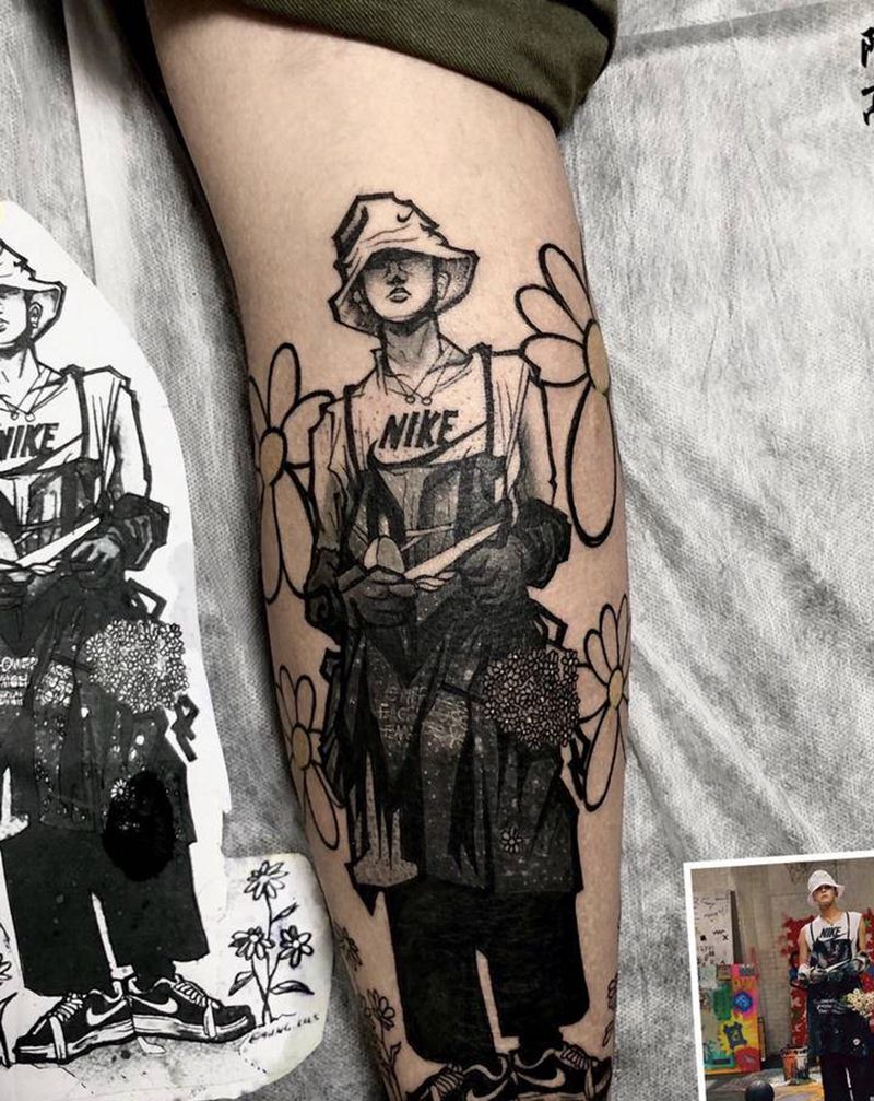 GD权志龙纹身图片_腿部点刺水墨纹身图案