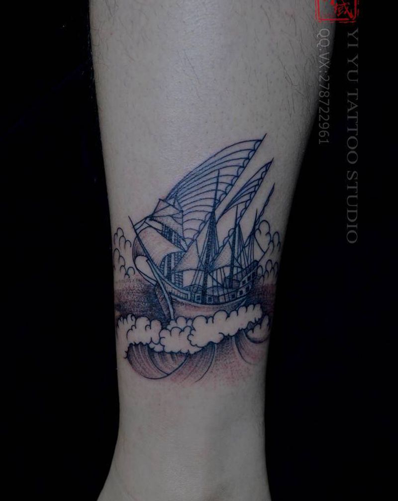 乘风破浪纹身图片_腿部点刺纹身图案