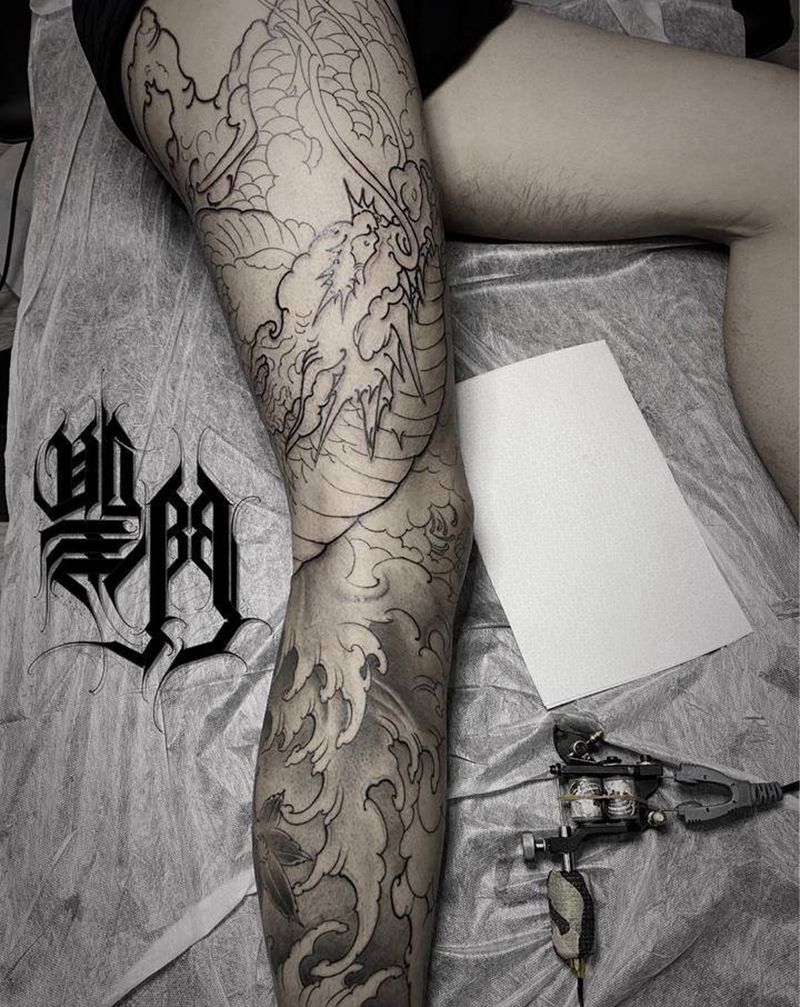 花腿龙纹身图片_新传统纹身图案