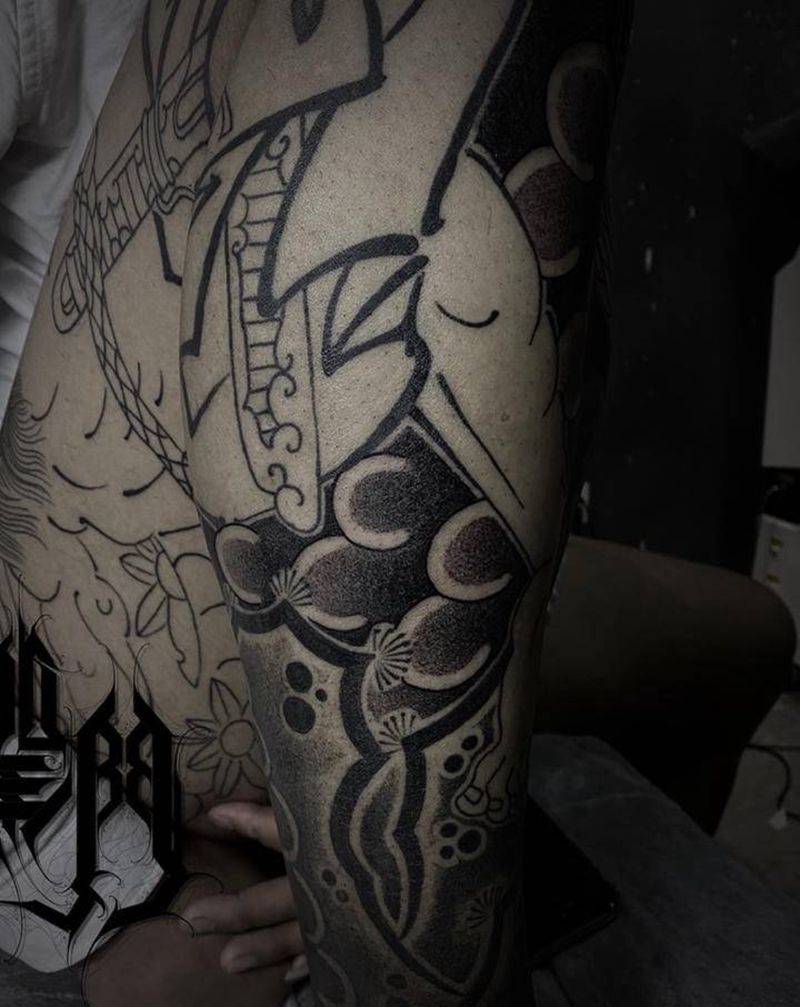 日式花腿纹身图片_腿部老传统纹身图案