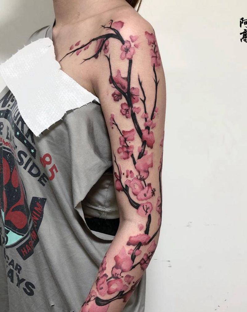 水彩梅花纹身图片_手臂水彩纹身图案