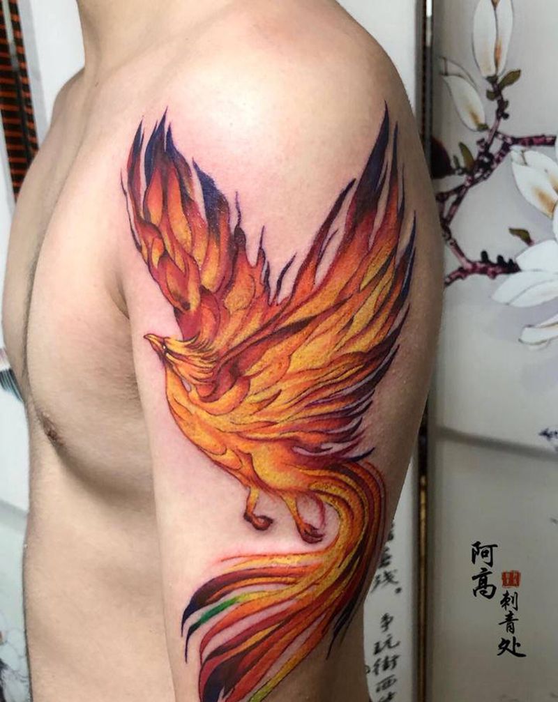 水彩凤凰纹身图片_手臂水彩纹身图案