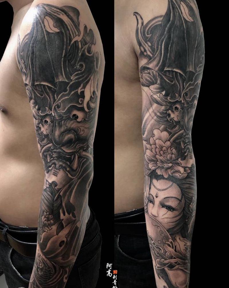 花臂遮盖纹身图片_手臂新传统纹身图案