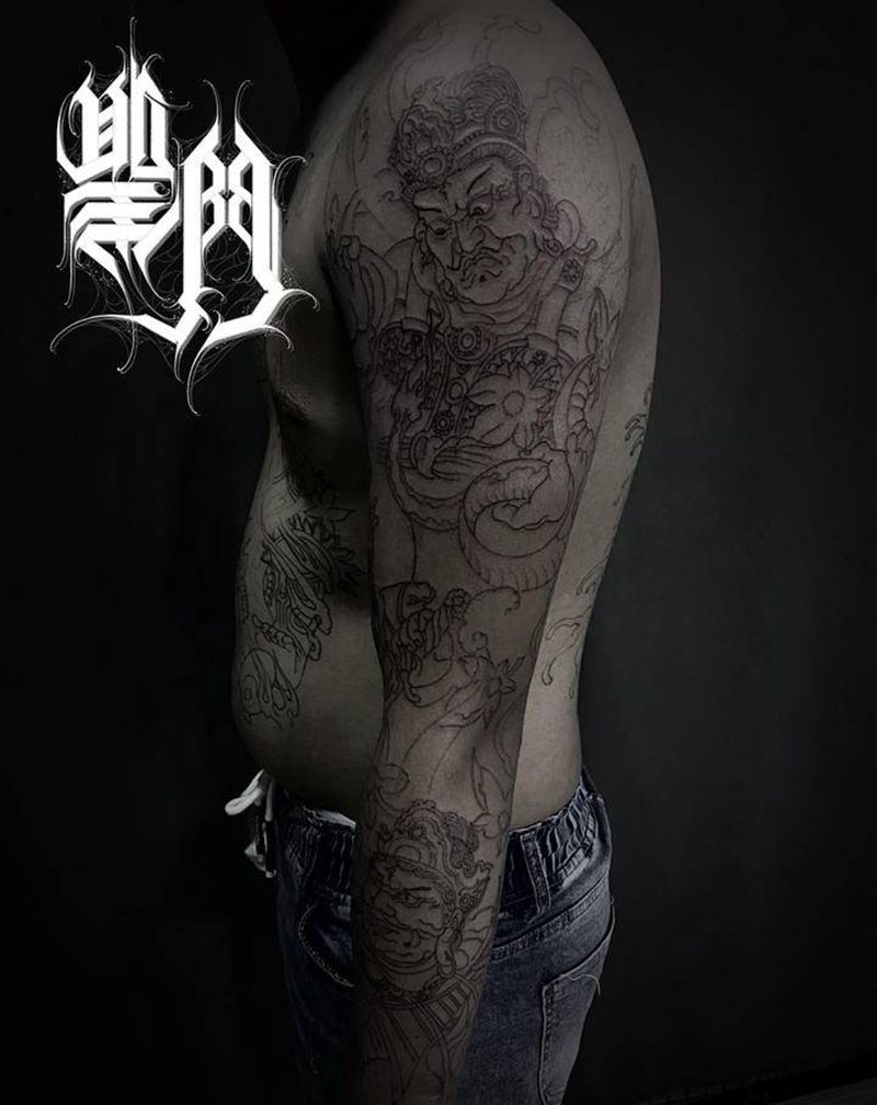 四大天王水线定位完成纹身图片_手臂纹身图案