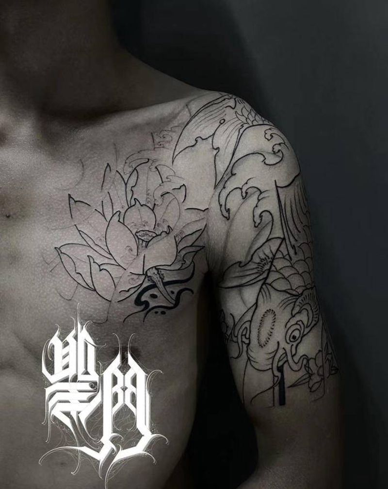 锦鲤半甲纹身图片_肩部新传统纹身图案