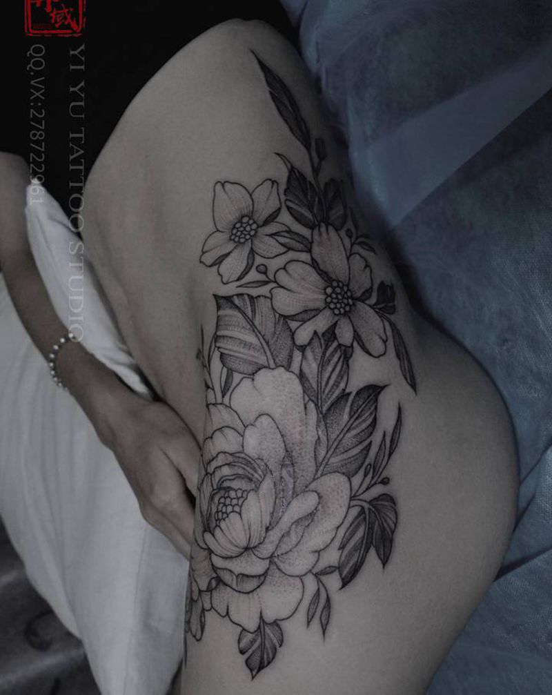 素花纹身图片_腿部腹部纹身图案