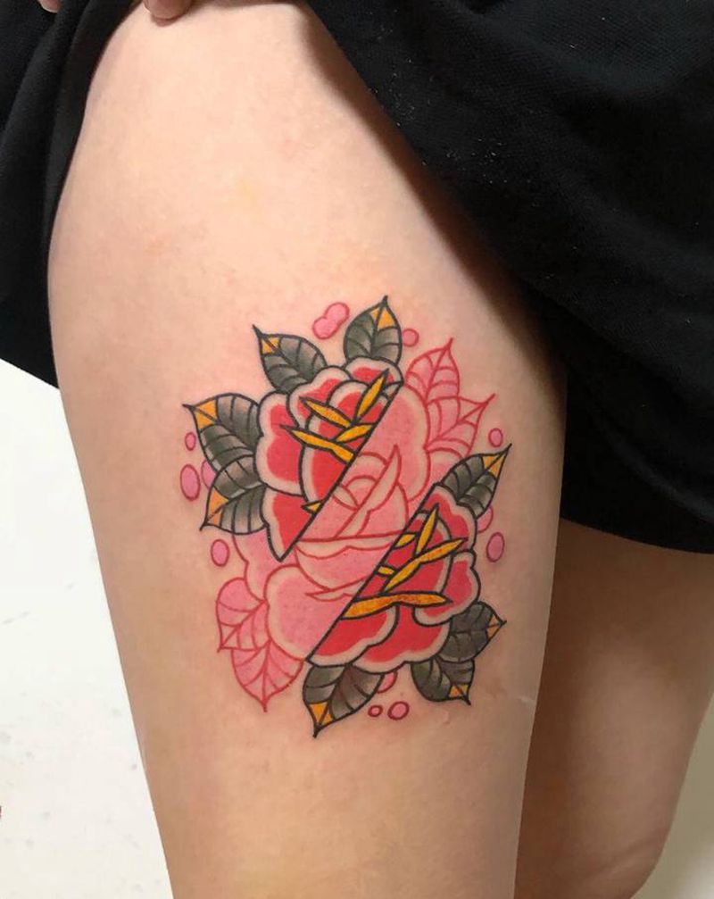 玫瑰纹身图片_腿部Old School纹身图案