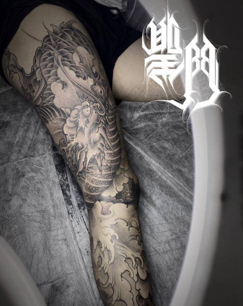 花腿龙纹身图片_腿部纹身图案