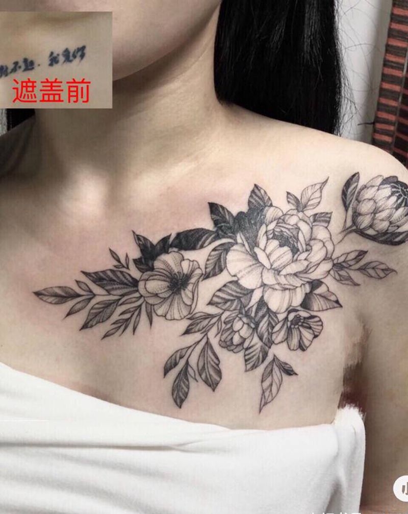 素花遮盖纹身图片_胸部点刺纹身图案