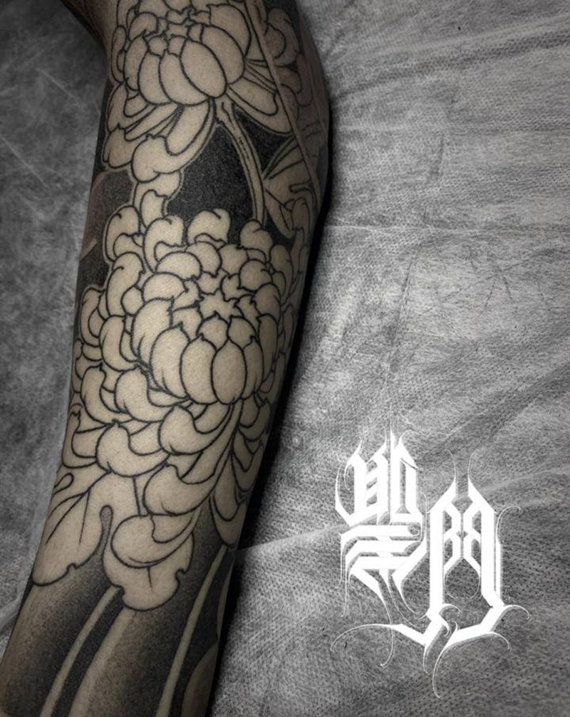 圆三菊花臂纹身图片_老传统纹身图案