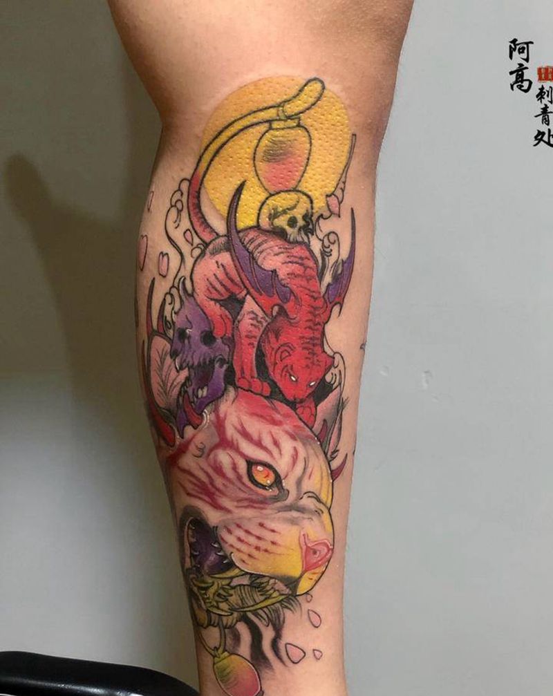 老虎纹身图片_腿部New School纹身图案