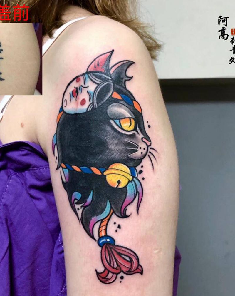 猫咪纹身图片_手臂New School纹身图案