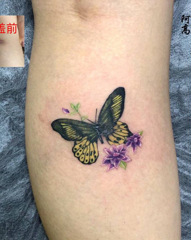 疤痕遮盖纹身图片_腿部点刺水彩纹身图案