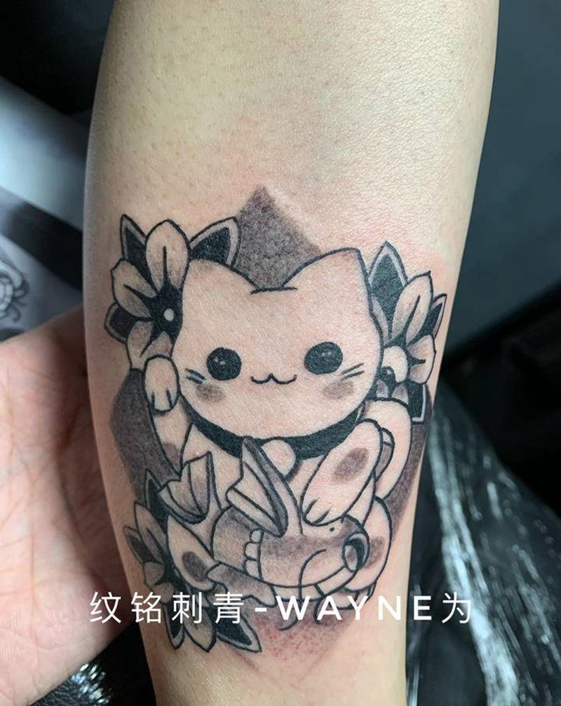 招财猫纹身图片_脚部Old School纹身图案