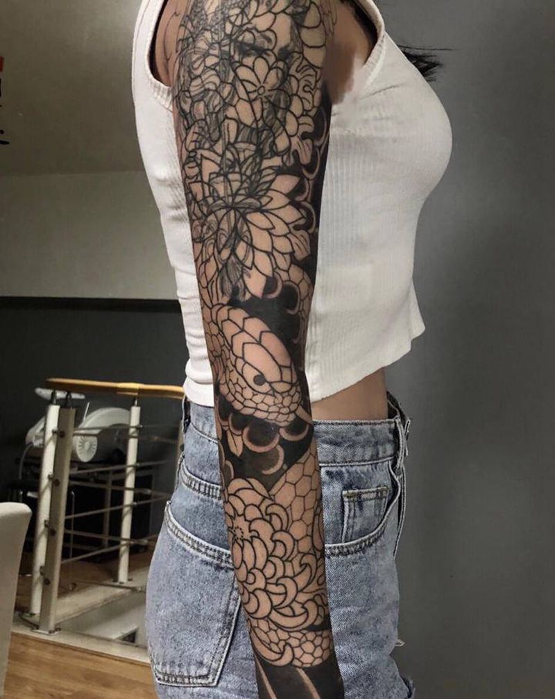 日式老传统蛇花臂纹身图片_手臂老传统纹身图案