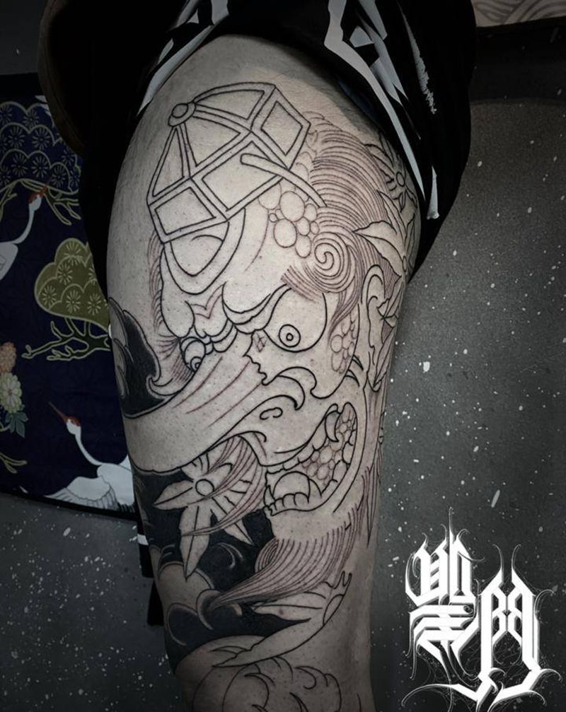 天狗纹身图片_腿部老传统纹身图案