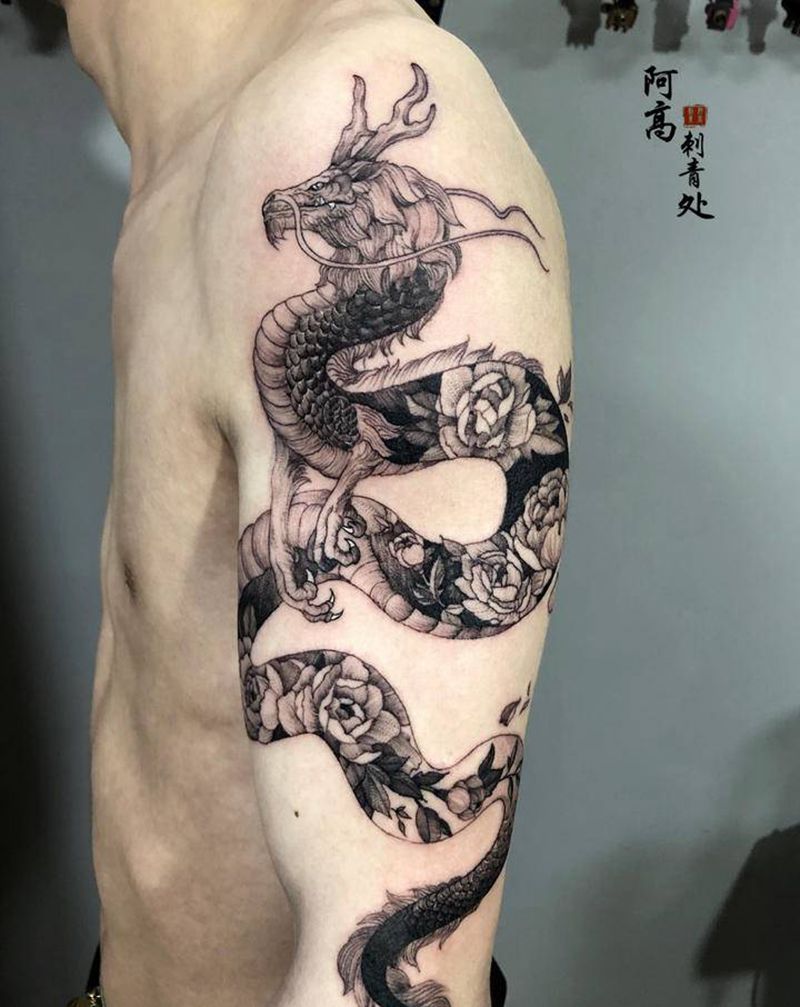 素花龙纹身图片_手臂点刺纹身图案