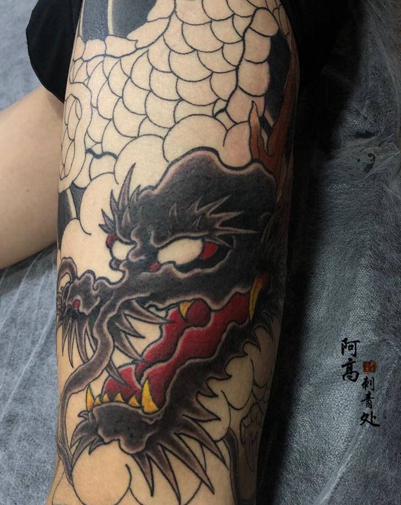 老传统龙头纹身图片_腿部老传统纹身图案