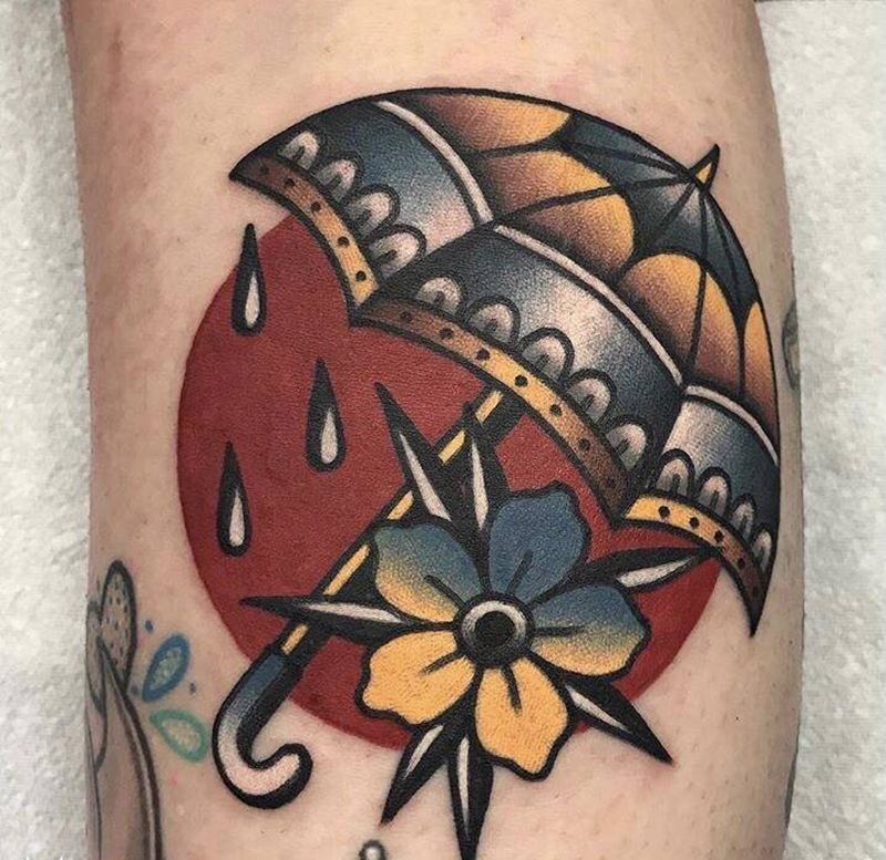 伞纹身图片_腿部Old School伞雨天花纹身图案