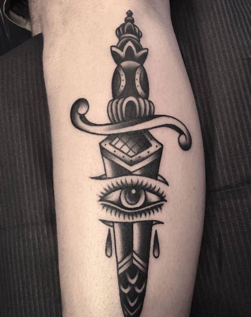 匕首纹身图片_腿部Old School眼睛匕首纹身图案