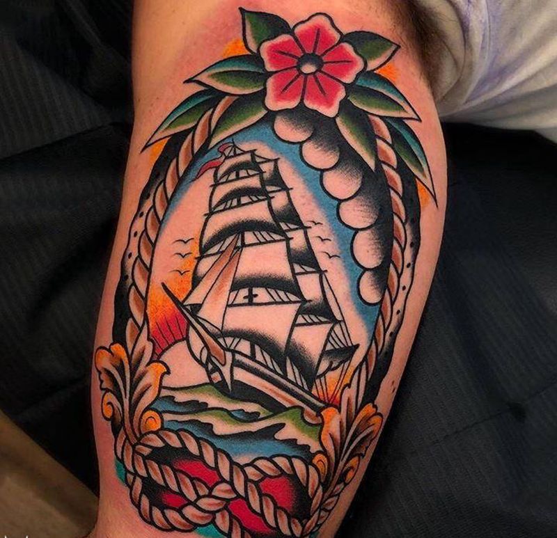 船纹身图片_手臂Old SchoolNew School绳子花 船纹身图案