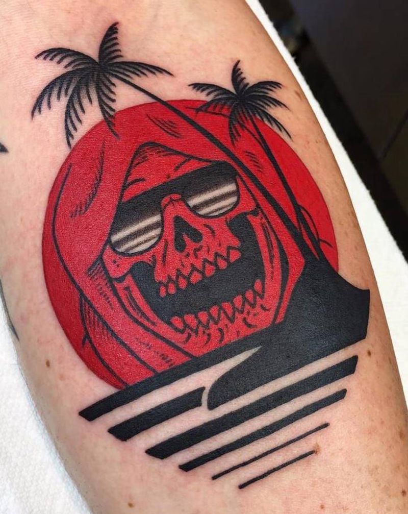 椰岛纹身图片_手臂Old School骷髅椰树纹身图案