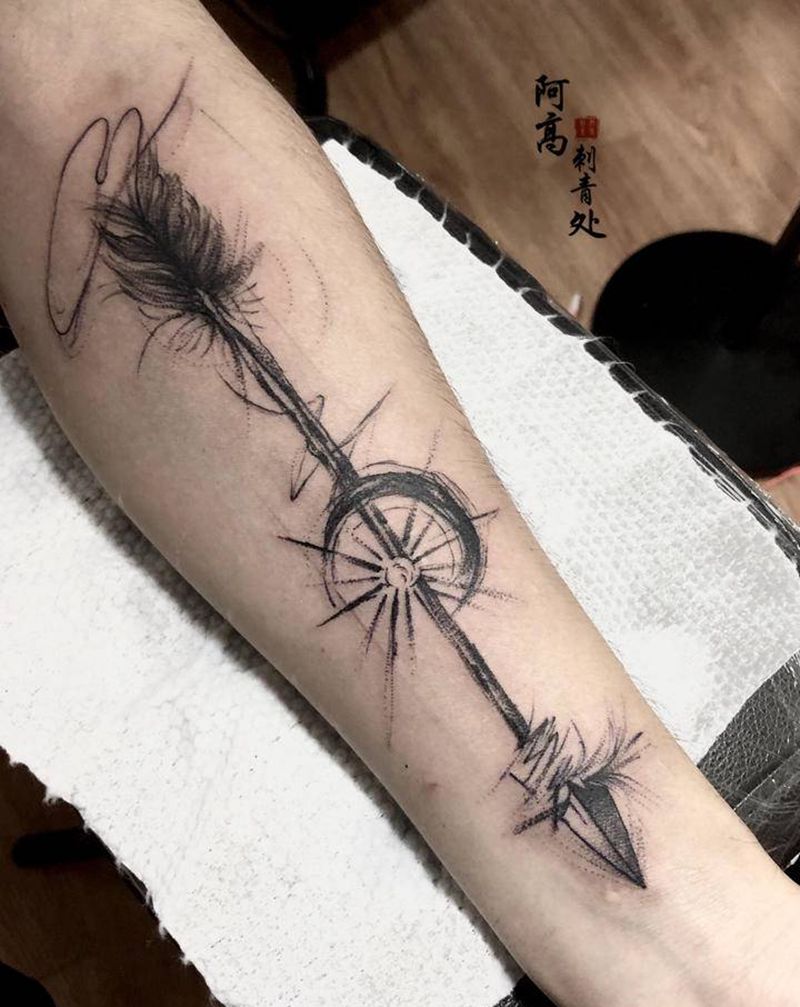 弓箭纹身图片_手臂点刺纹身图案
