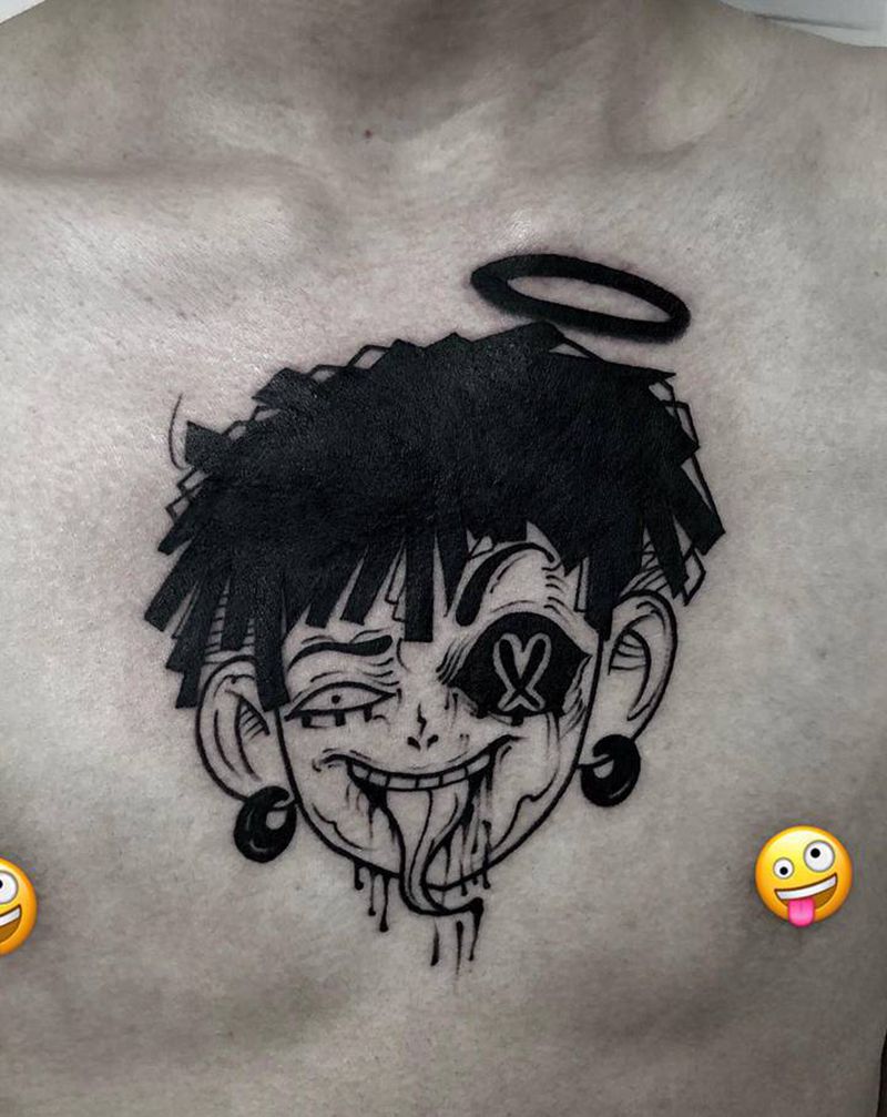 暗黑表情包纹身图片_胸部New School点刺纹身图案