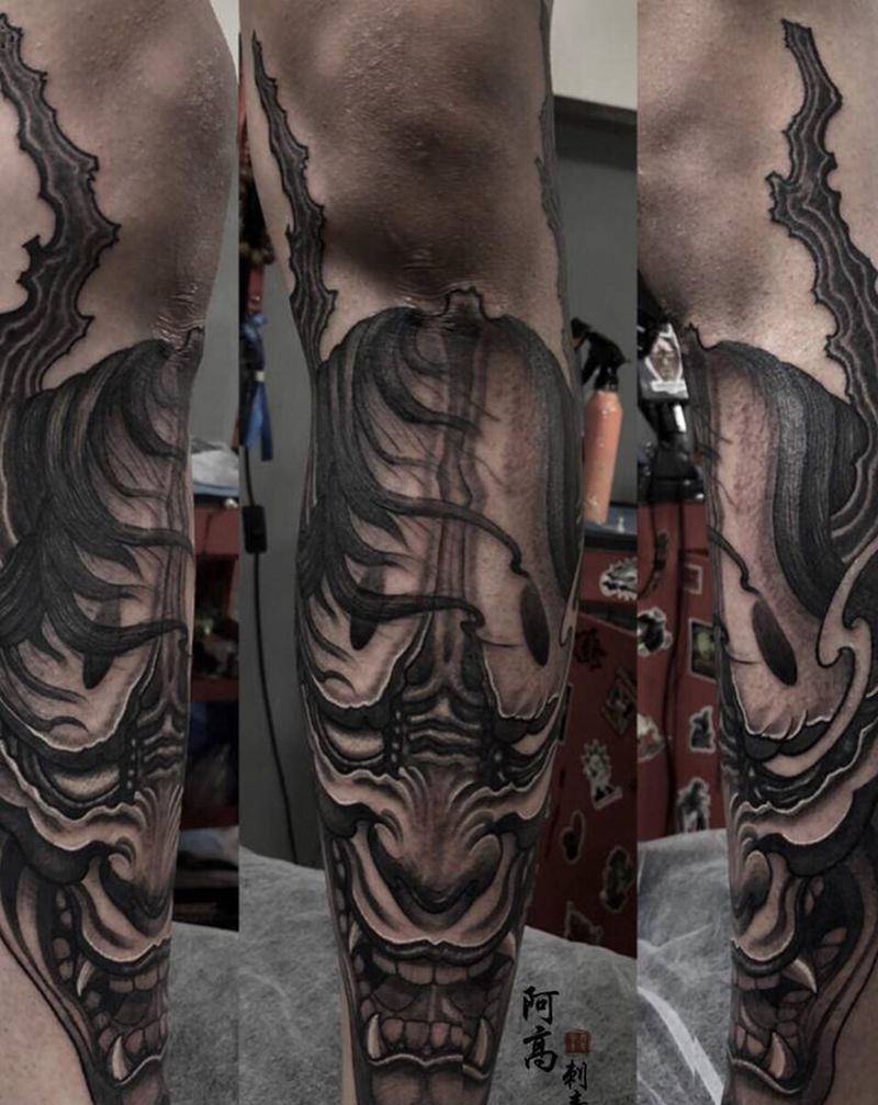 般若纹身图片_腿部新传统纹身图案