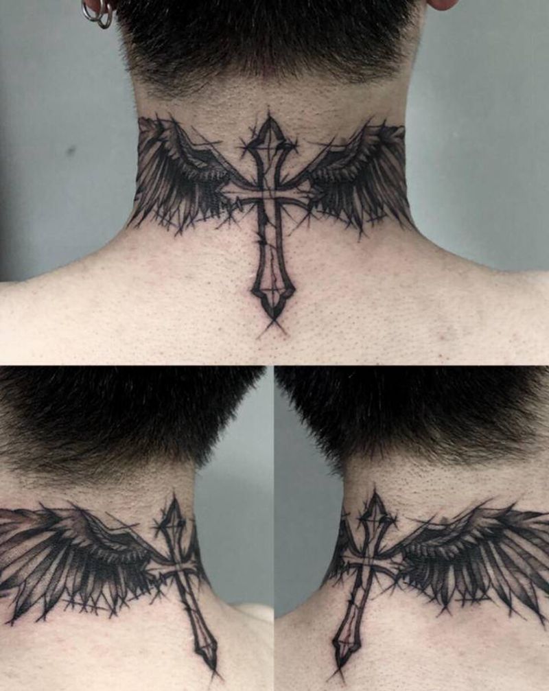 速写翅膀纹身图片_颈部点刺纹身图案