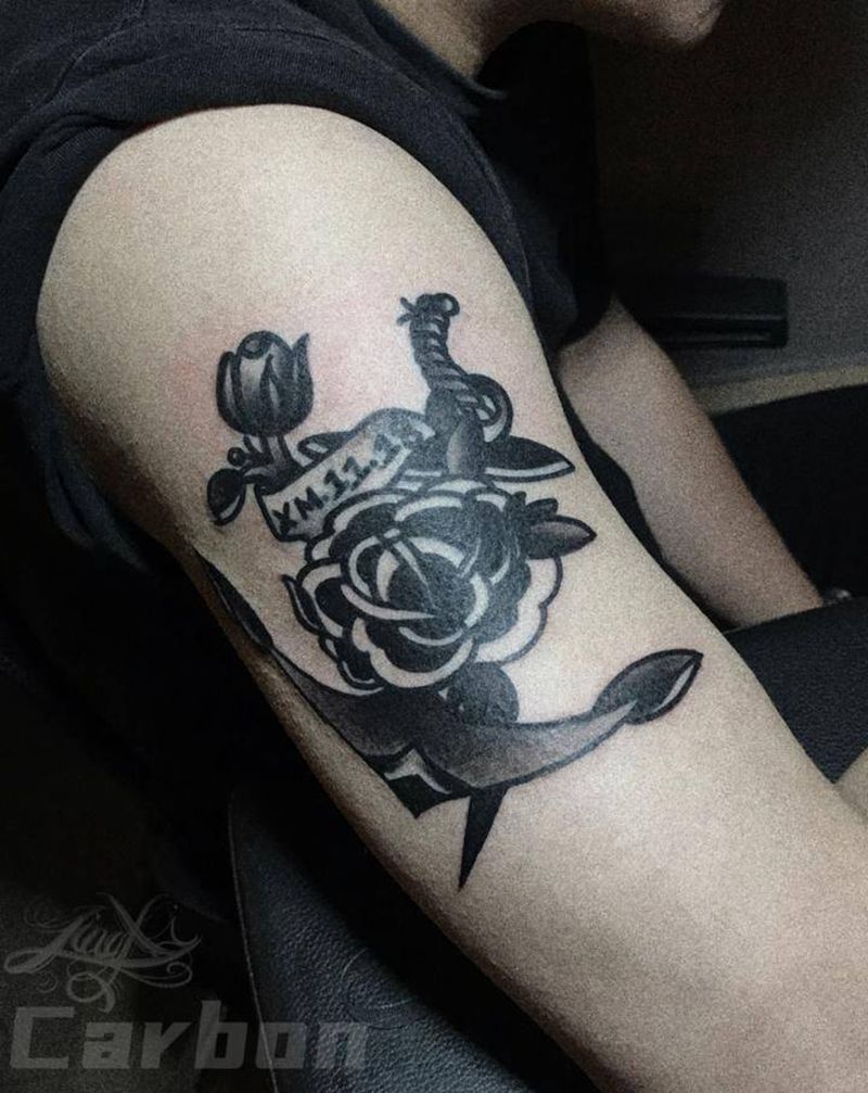 船锚纹身图片_手臂Old School船锚花日期纹身图案