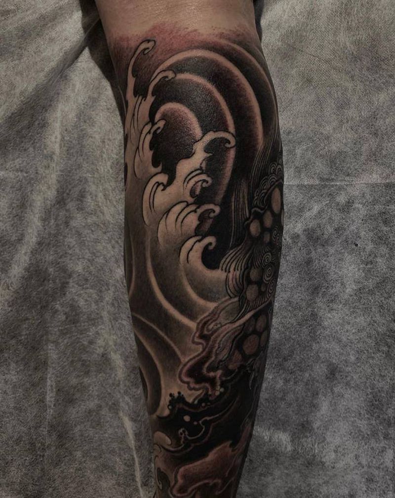 水与火纹身图片_腿部新传统水浪火焰纹身图案