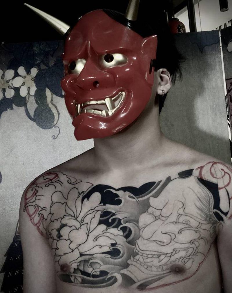 般若牡丹纹身图片_肩部胸部老传统新传统牡丹般若日式纹身图案