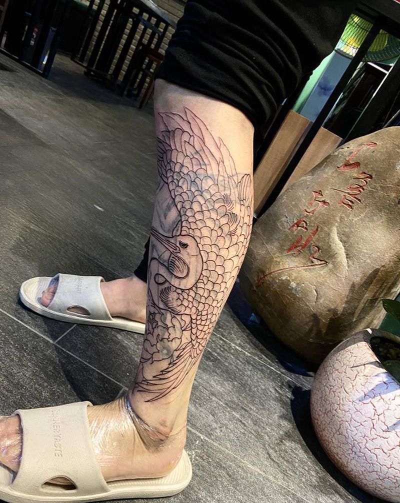 鹤纹身图片_脚部新传统纹身图案