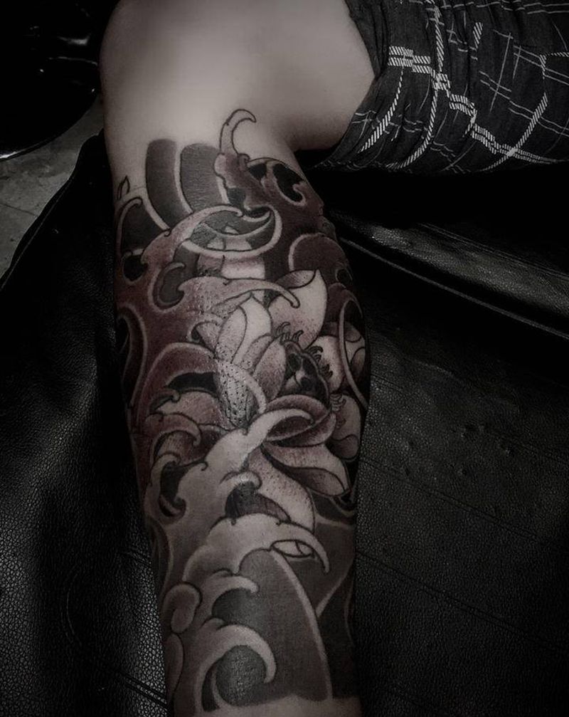荷花 鬼武士  修改纹身图片_腿部脚部老传统新传统纹身图案