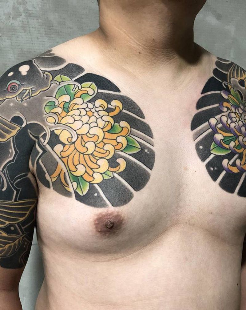 日式菊花半甲纹身图片_手部胸部老传统新传统日式菊花半甲纹身图案