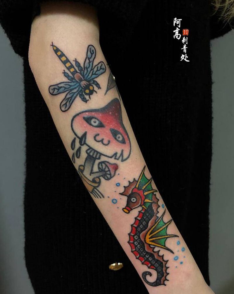 蜻蜓和海马纹身图片_手臂Old School纹身图案