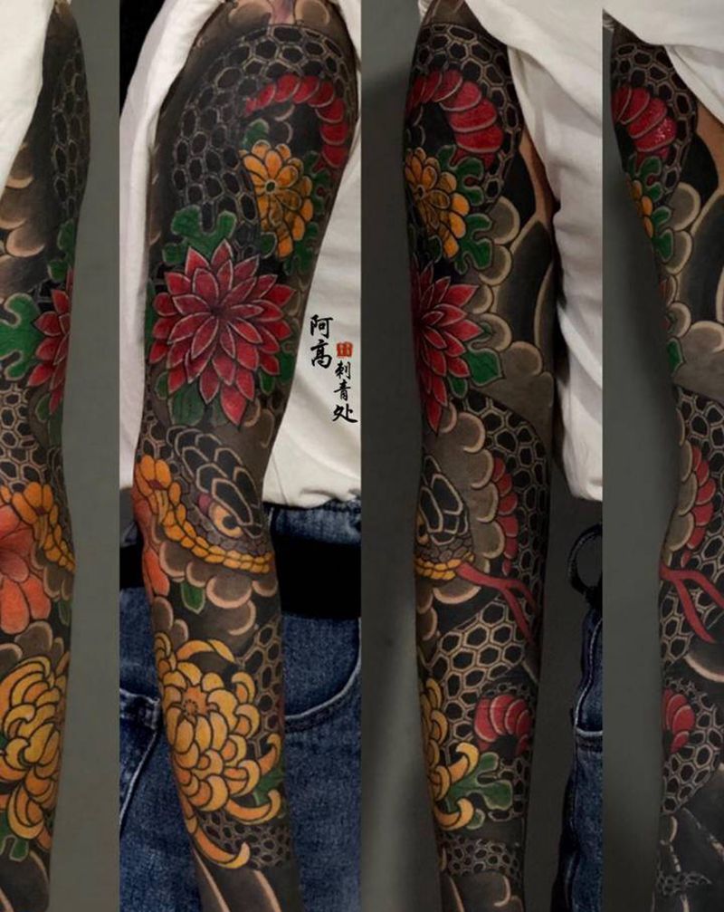 日式老传统花臂纹身图片_手臂老传统纹身图案
