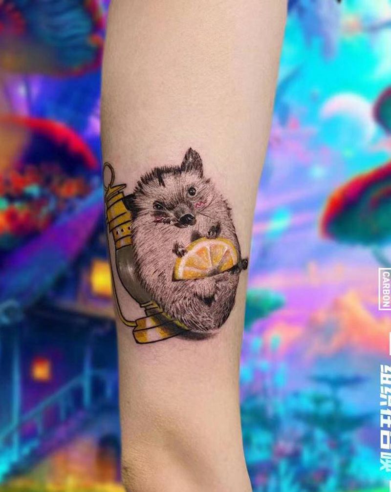 刺猬纹身图片_手臂欧美写实刺猬灯纹身图案