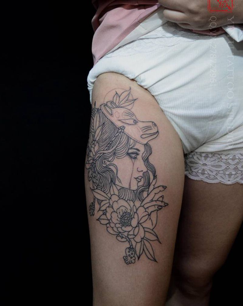 欧美女纹身图片_腿部New School纹身图案