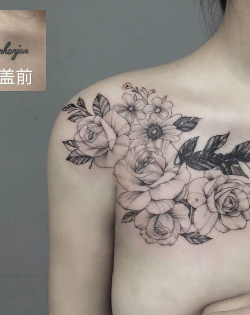 素花遮盖纹身图片_点刺纹身图案