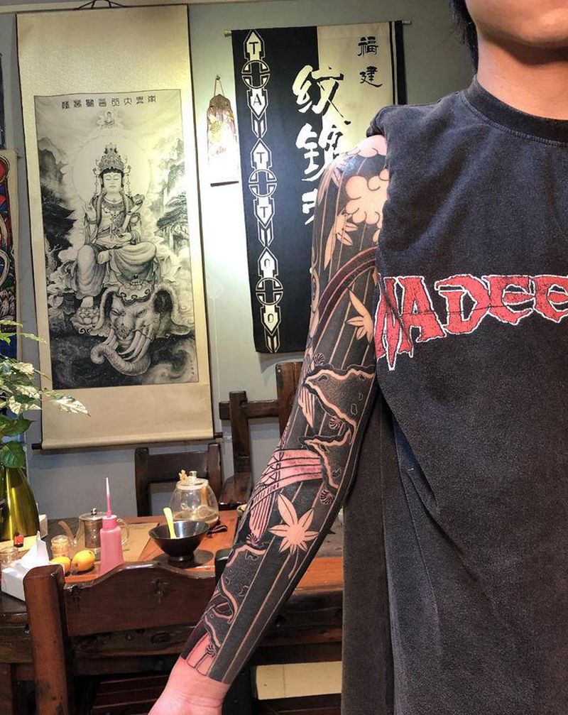 老传统-花臂（未完成）纹身图片_手臂老传统纹身图案