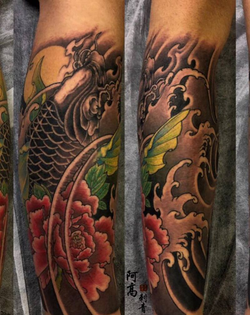鲤鱼纹身图片_腿部新传统纹身图案